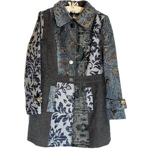 Venus Women's 10 Tapestry Patchwork Coat Blues Decorative Buttons Knee Length